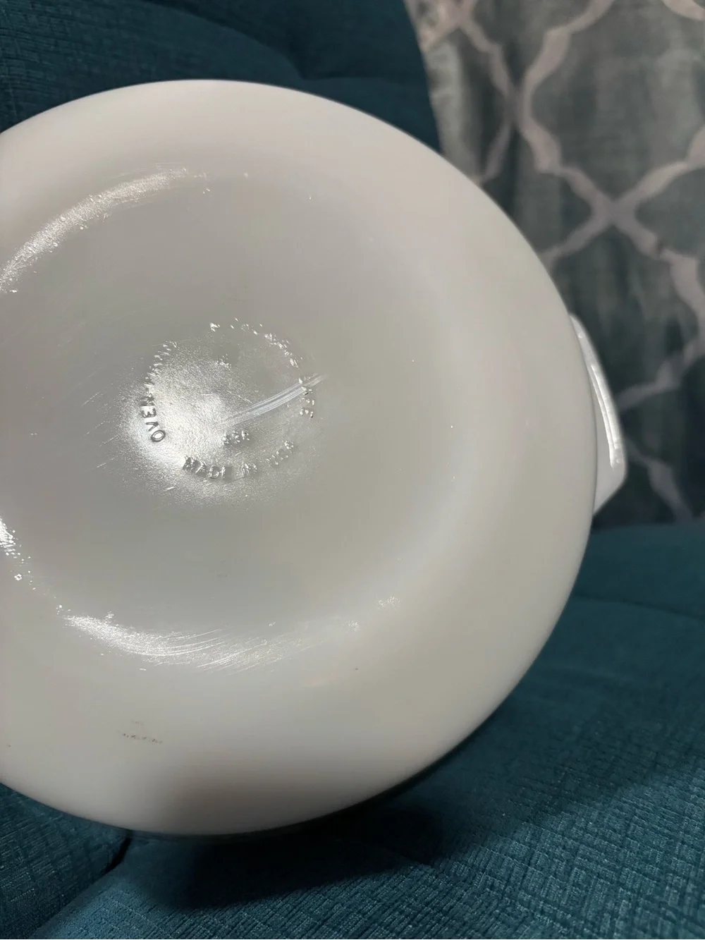 White Glass Bakeware Dish with Olive Green Floral Pattern
